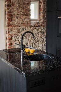 a kitchen counter with a sink with two lemons on it at Villa Mavro Mavrovo in Mavrovo
