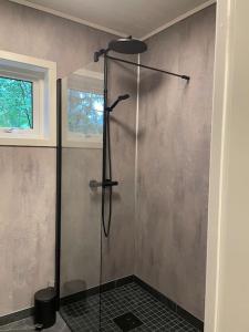 a shower with a glass door in a bathroom at Stor hytte med fantastisk utsikt 