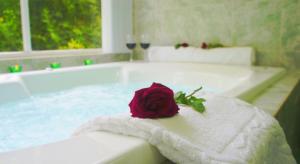 a rose on a towel on a bath tub at Quinta GYO in Tepoztlán