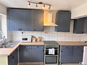 a kitchen with blue cabinets and a stove and a microwave at East Lodge - Spacious 4 bed house in Basildon