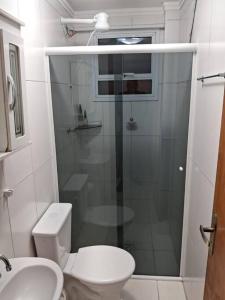 a bathroom with a shower and a toilet and a sink at Apto aconchegante beira mar com ar no quarto in Solemar