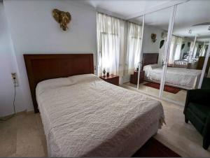a bedroom with a large bed and a mirror at Sea view penthouse in Fuengirola