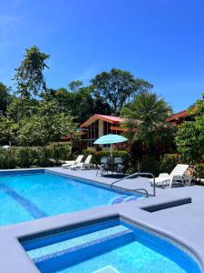 a swimming pool with chairs and an umbrella at Villas Allen Puerto Viejo in Puerto Viejo