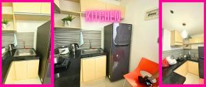 a kitchen with two sinks and a refrigerator at Affordable And Cheapest Deluxe Studio Unit In Manila with Balcony Upto 40 percent Promo Discount This Month Plus Free Sauna And Pool Access Nearby Places Manila Bay US Embassy Minutes To MOA BGC MAKATI Updated 2024 Price in Manila
