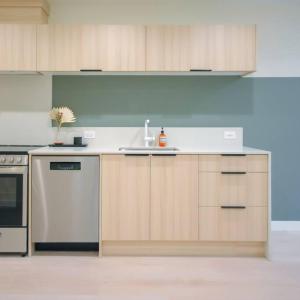 a kitchen with a sink and a stove at Newly Renovated 2 Bedroom Condo in Japantown! Near Railtown & Gastown! in Vancouver