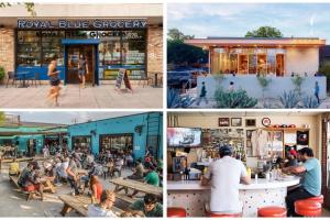 a group of four pictures of a restaurant with people sitting outside at 5 Min to UT, Congress - Modern Home in DT East ATX in Austin