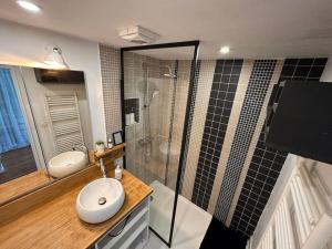 a bathroom with a sink and a glass shower at Duplex loft - Central avec home cinéma in Annecy