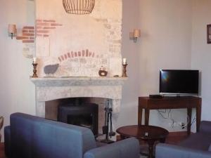 a living room with a fireplace and a tv at Maison de campagne rénovée à 1h de Paris, avec jardin clos, 4 chambres et équipements familiaux - FR-1-590-164 in Treilles-en-Gâtinais