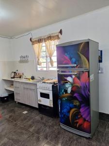 una cocina con nevera con una pintura. en Cabañas Termas de Reyes en Termas de Río Hondo
