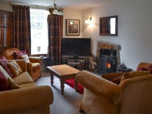 a living room with couches and a television and a fireplace at Porthysgaden in Twdweiliog