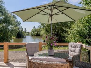 a table with a green umbrella and two chairs at Kingfisher Cabin in Croft