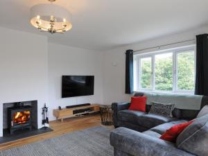 a living room with a couch and a fireplace at Bryn Derw in Barmouth