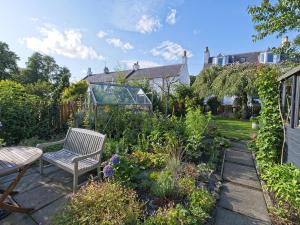 un jardín con un banco y algunas plantas en Lower Canterbury House en Gattonside