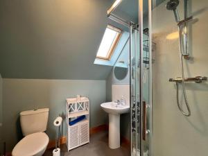 a bathroom with a shower and a toilet and a sink at Hirta Cottage in Staffin