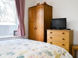 a bedroom with a bed and a tv on a dresser at Forest View in Llanfihangel Rhydithon