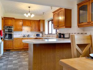 a kitchen with wooden cabinets and a counter top at Bryn Villa in Newbridge on Wye