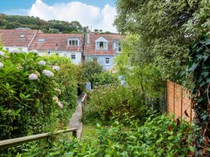 a garden with a wooden fence and bushes at Windward House in Salcombe