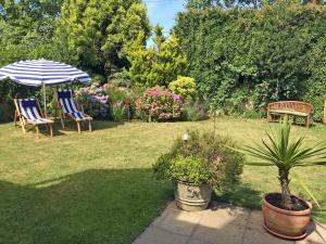 a garden with two chairs and an umbrella and plants at Linnets in Fitzhead