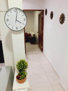 um relógio numa parede num corredor com uma planta em Apartamento en centro de Popayán em Popayán