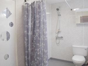 a bathroom with a shower curtain and a toilet at Ardlochan Cottage in Maidens