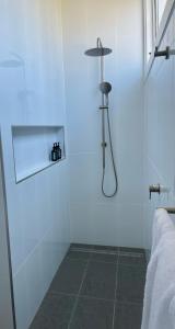 a bathroom with a shower with a glass door at Harbour View Motel in Robe