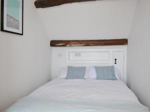a white bed with two blue pillows on it at Bryn Awel in Moelfre