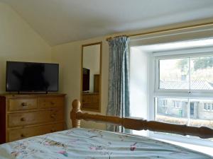 a bedroom with a bed and a television and a window at Castiel Cottage in Yspytty-Ifan