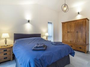 1 dormitorio con 1 cama azul y armario de madera en Fenside Way, en Wicken