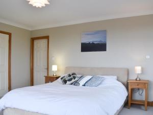 a bedroom with a large white bed with two night stands at Pathacres in Mochdre