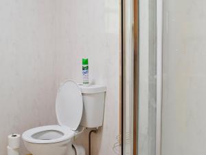 a bathroom with a toilet with a bottle of cleaner on it at Edw Lodge in Aberedw