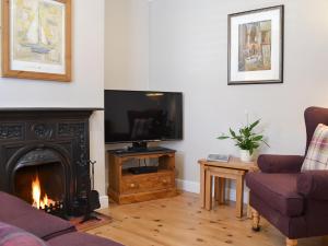 a living room with a fireplace and a tv at Dragonfly Cottage in Beverley