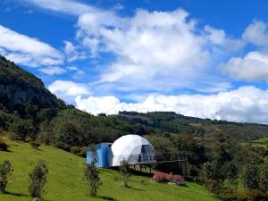 a large dome building on a field with a hill at Glamping hermoso amanecer in Guatavita