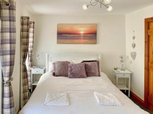 a bedroom with a white bed with two pillows at Mill Head Cottage in Ilfracombe