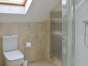 a bathroom with a toilet and a shower at Carribber Beech in Torphichen