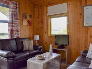 a living room with a couch and a tv at Loch Earn View Lodge in Lochearnhead