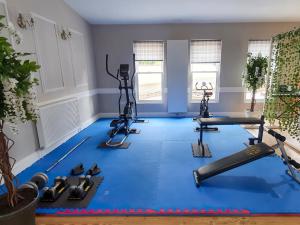 a gym with blue flooring and tread machines at Machermore Castle in Newton Stewart
