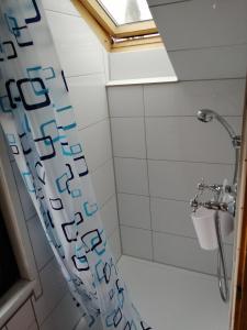 a bathroom with a shower curtain and a toilet at Zimmervermietung Gasthof Lamm, Zugang selbstständig über Schlüsseltresor in Dettingen unter Teck