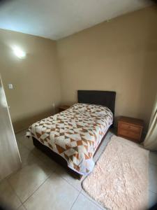 Dormitorio pequeño con cama y alfombra en Casa agradável com lareira en Chuí