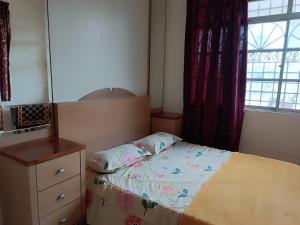ein Schlafzimmer mit einem Bett, einer Kommode und einem Fenster in der Unterkunft HOMESTAY TG BIDARA in Masjid Tanah