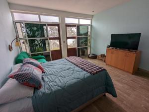 een slaapkamer met een bed en een flatscreen-tv bij CASADUNN Next to Sababa Resort in San Pedro La Laguna