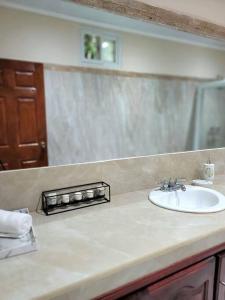 eine Badezimmertheke mit einem Waschbecken und einem Spiegel in der Unterkunft Spacious & Spotless new house, 4 BRs in Roatán