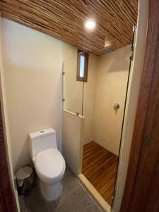 a bathroom with a toilet and a walk in shower at The Village at Siete Piedras in Troncones