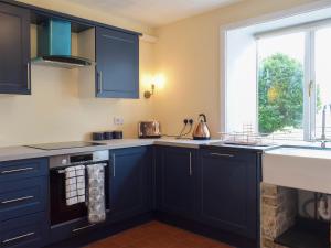 kuchnia z niebieskimi szafkami, umywalką i oknem w obiekcie Llantysilio Lodge w mieście Llangollen