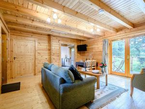 a living room with a blue couch in a wooden house at Larch in Killin