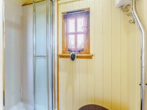 a bathroom with a shower and a window at Elsies Hut in Albourne