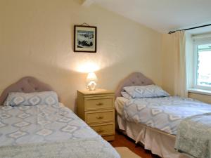 a bedroom with two beds and a lamp on a night stand at Pant Y Mel in Brynteg