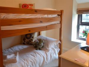 a bunk bed with a teddy bear sitting on the bottom bunk at Eirianfa in Penmachno