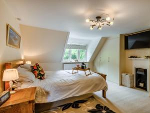 1 dormitorio con 1 cama grande y chimenea en The Mowle, en Ludham
