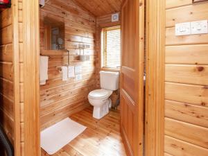 a bathroom with a toilet and wooden walls at Red Kite Cottage in Tore