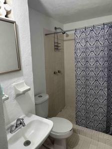 een badkamer met een toilet, een wastafel en een douche bij Departamento Todo Cerca Playa Azul in Manzanillo